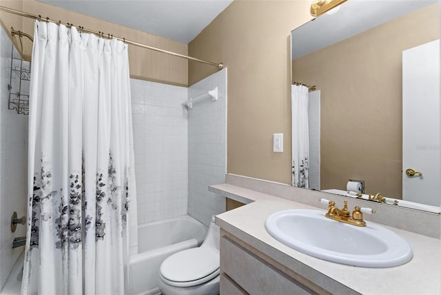 full bathroom featuring shower / bath combo with shower curtain, vanity, and toilet