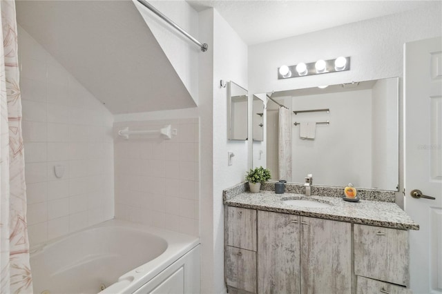 bathroom with vanity and shower / tub combo with curtain