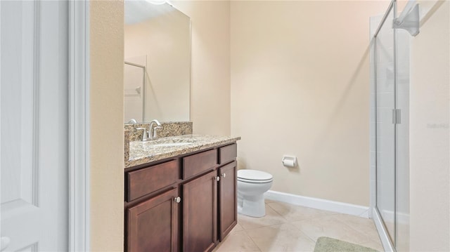 bathroom featuring a shower with door, vanity, tile patterned flooring, and toilet