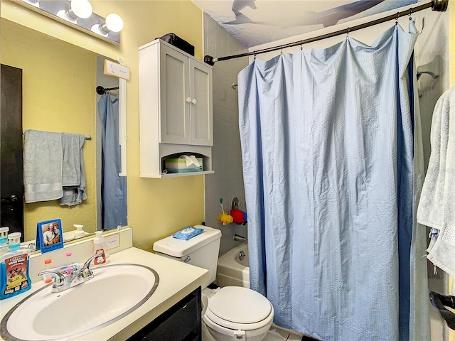 full bathroom with vanity, toilet, and shower / tub combo with curtain