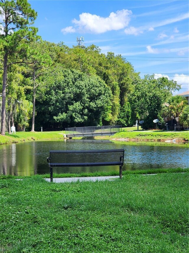 view of home's community featuring a lawn and a water view