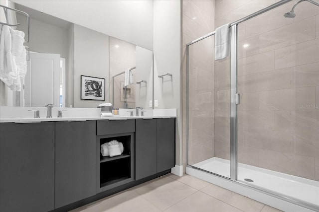 bathroom with tile patterned floors, vanity, and walk in shower