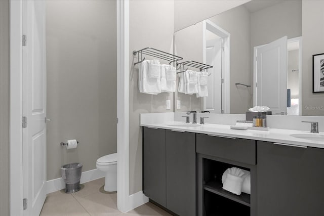 bathroom with tile patterned flooring, vanity, and toilet