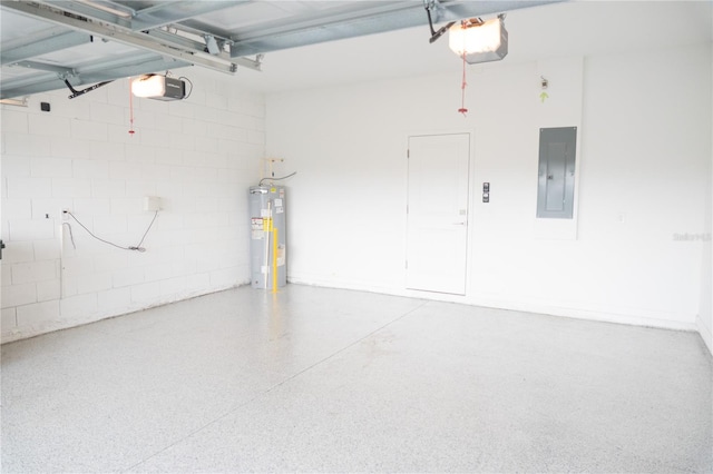 garage featuring water heater, electric panel, and a garage door opener