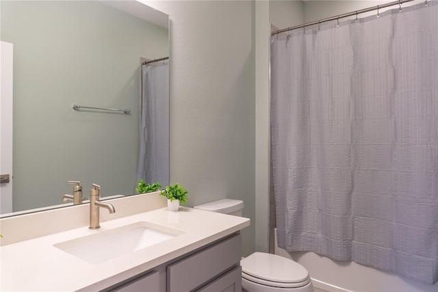 full bathroom with vanity, toilet, and shower / bathtub combination with curtain