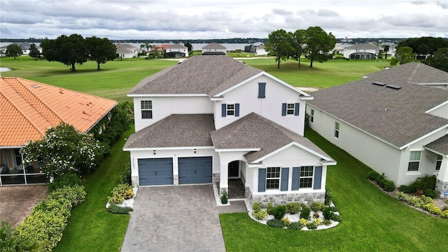 view of front facade featuring a front yard and a garage