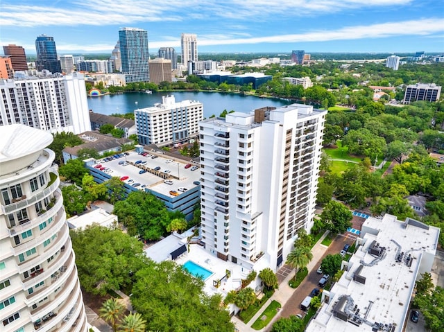 bird's eye view with a water view