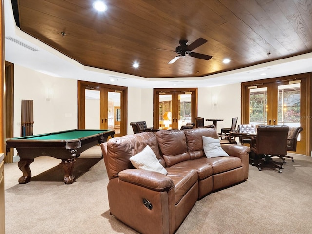 recreation room with french doors, light colored carpet, a tray ceiling, wood ceiling, and pool table