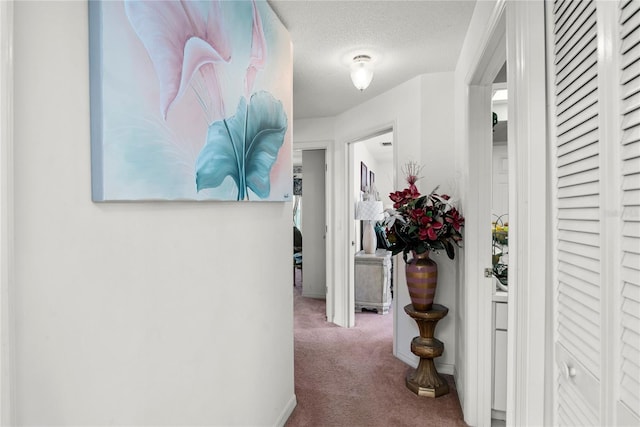 hallway featuring carpet flooring and a textured ceiling