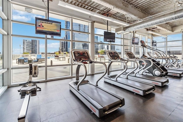 workout area featuring a wall of windows and a healthy amount of sunlight