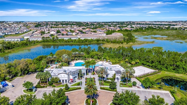 aerial view featuring a water view