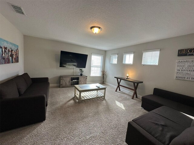 carpeted living room featuring a textured ceiling