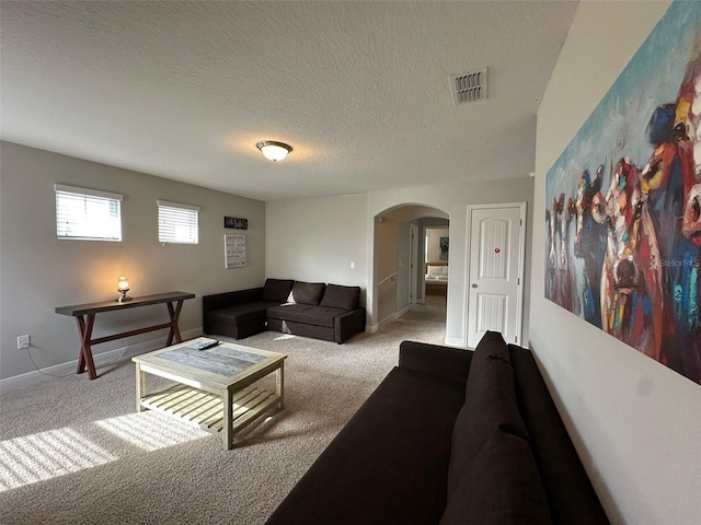 living room with light carpet and a textured ceiling