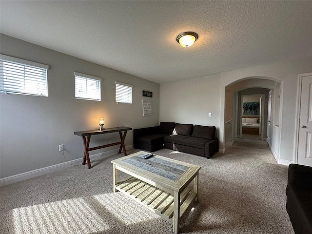 living room featuring carpet floors and a textured ceiling