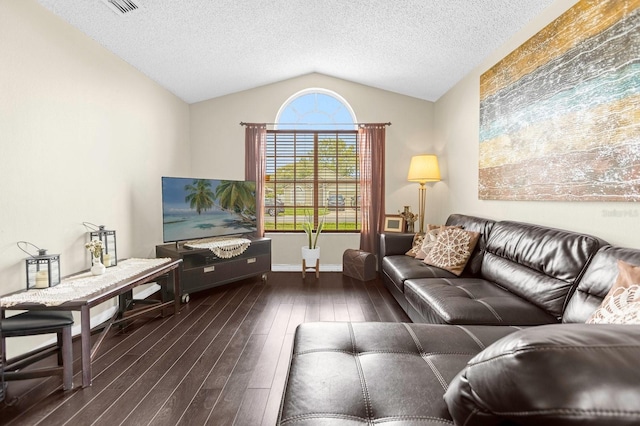 living room featuring a textured ceiling, vaulted ceiling, and dark hardwood / wood-style floors