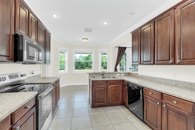 kitchen featuring black appliances, sink, crown molding, light tile patterned floors, and kitchen peninsula