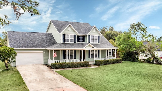 view of front facade featuring a front lawn, a porch, and a garage