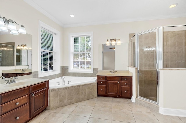 bathroom with tile patterned flooring, vanity, ornamental molding, and plus walk in shower