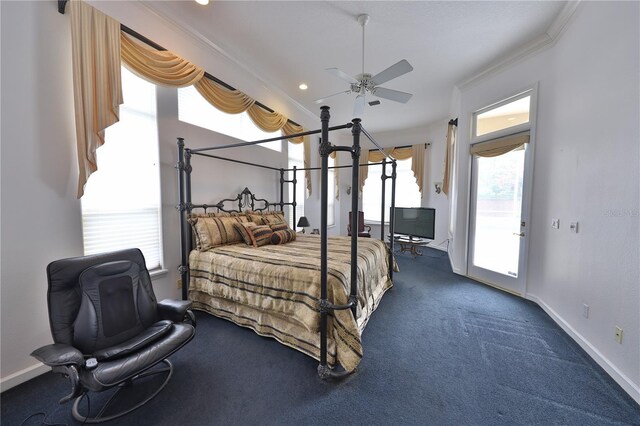 carpeted bedroom with access to outside, ceiling fan, and crown molding