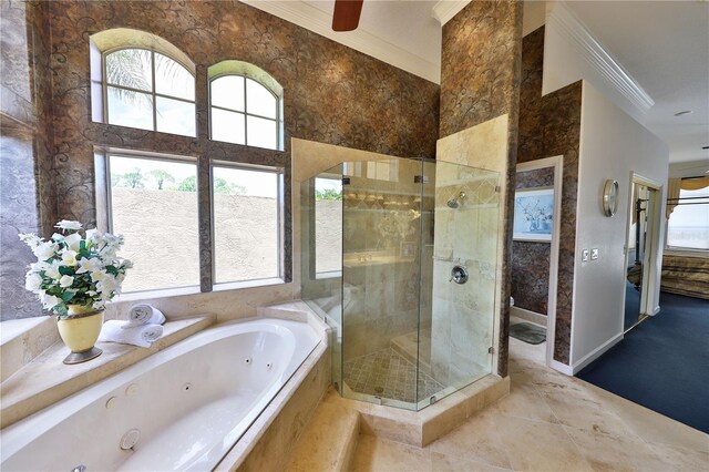 bathroom with separate shower and tub and crown molding