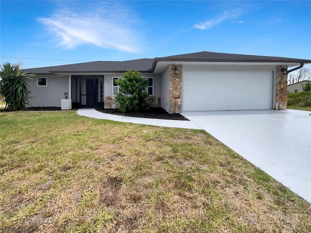 ranch-style house with a garage and a front yard