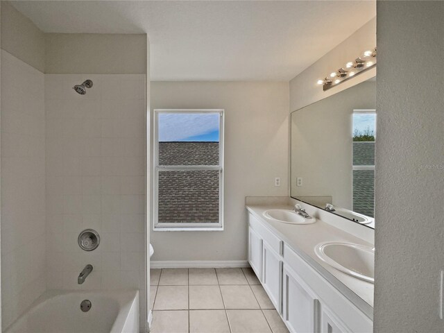 full bathroom featuring tile patterned flooring, vanity, toilet, and tiled shower / bath