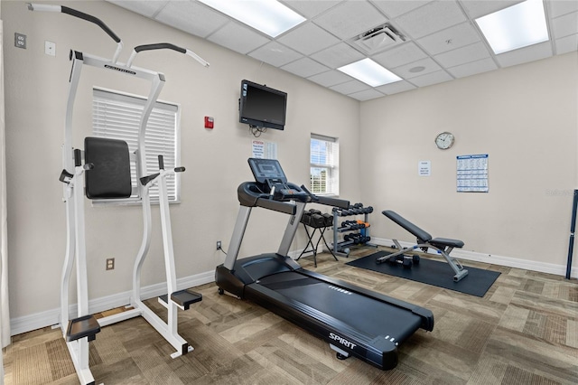 workout area featuring carpet flooring and a paneled ceiling