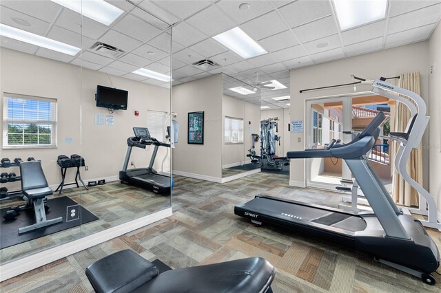 workout area featuring a wealth of natural light, a paneled ceiling, and carpet