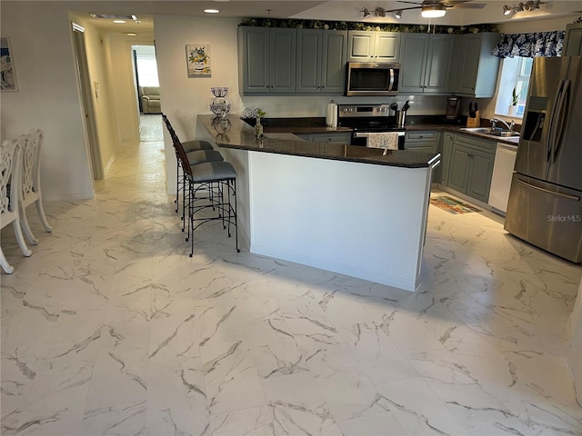 kitchen featuring gray cabinets, stainless steel appliances, kitchen peninsula, and plenty of natural light