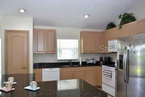 kitchen with sink, white appliances, and light brown cabinets