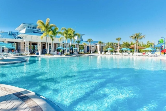 pool with a patio