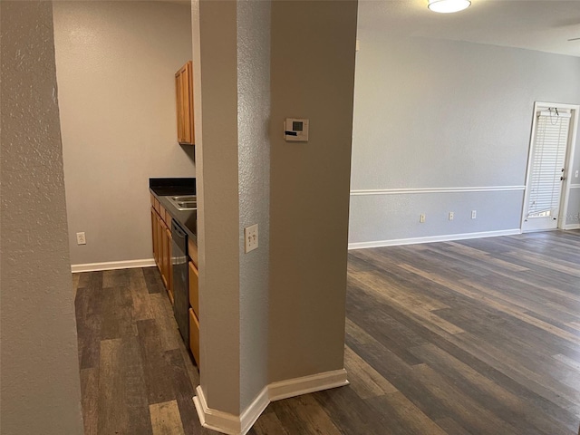 hallway with dark hardwood / wood-style flooring