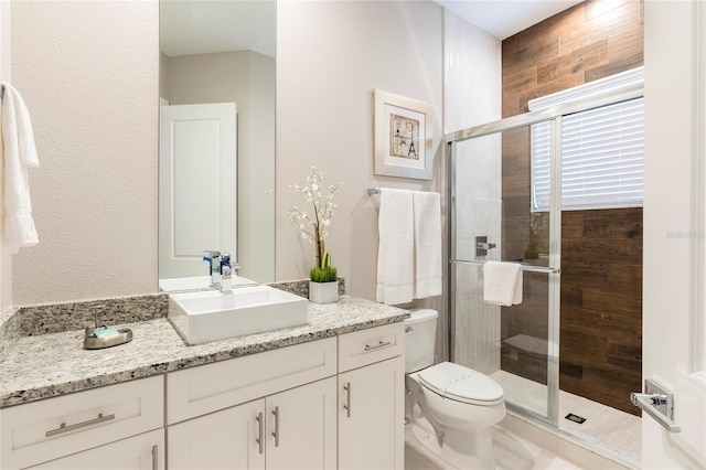 bathroom with vanity, toilet, and a shower with shower door