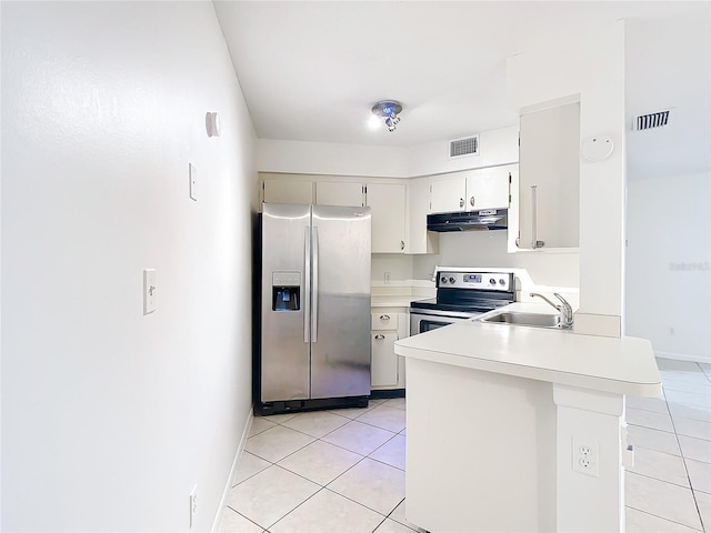 kitchen featuring light tile patterned floors, appliances with stainless steel finishes, kitchen peninsula, and sink