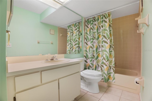 full bathroom featuring shower / bathtub combination with curtain, tile patterned flooring, toilet, and vanity