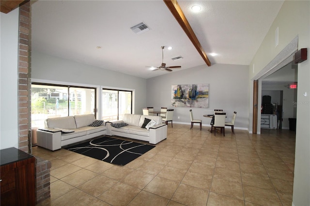 tiled living room featuring brick wall, ceiling fan, and lofted ceiling with beams