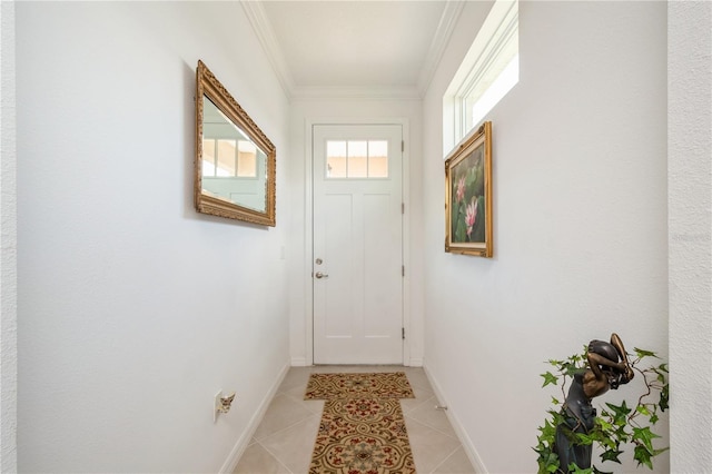 doorway with light tile patterned floors and ornamental molding