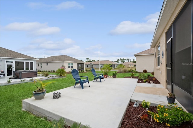 exterior space featuring a hot tub