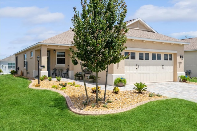 view of front of home featuring a garage and a front lawn