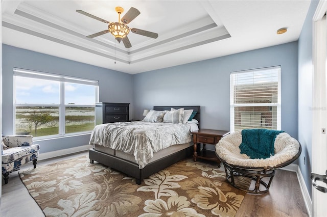 bedroom with multiple windows, a tray ceiling, and ceiling fan