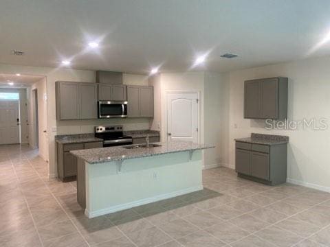 kitchen with sink, stainless steel appliances, light stone counters, an island with sink, and gray cabinets