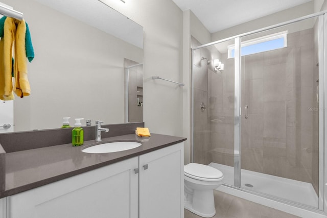 full bathroom with a stall shower, vanity, toilet, and tile patterned floors