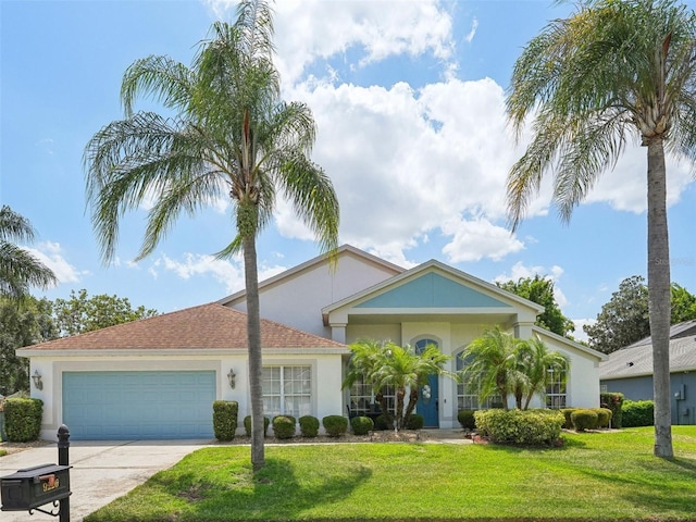 view of front of home featuring a front lawn and a garage