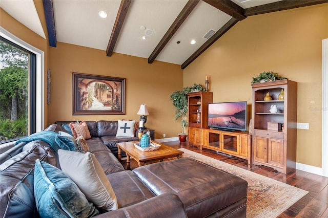 living room featuring vaulted ceiling with beams and dark wood-type flooring