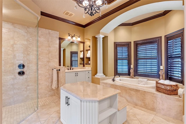 bathroom featuring vanity, ornamental molding, plus walk in shower, and an inviting chandelier