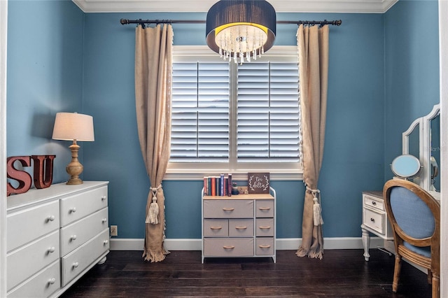 office space featuring ornamental molding, dark wood-type flooring, and a chandelier