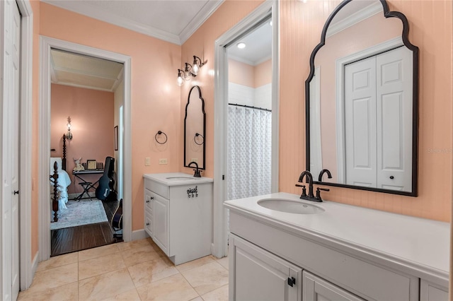 bathroom featuring a shower with curtain, tile patterned flooring, vanity, and ornamental molding