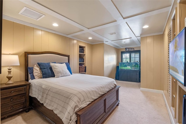 carpeted bedroom featuring beamed ceiling, crown molding, and coffered ceiling