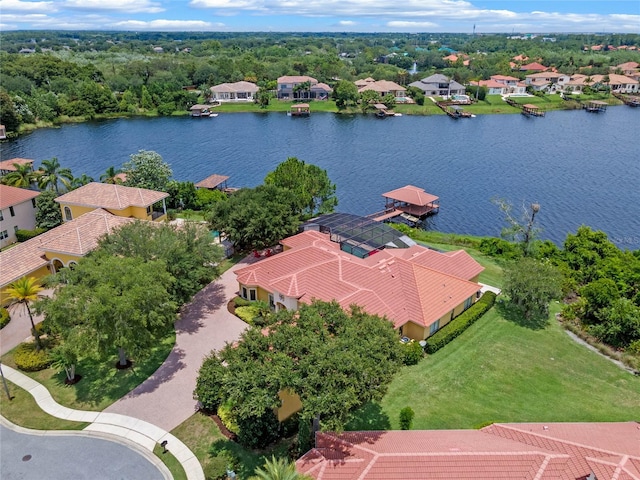 drone / aerial view featuring a water view