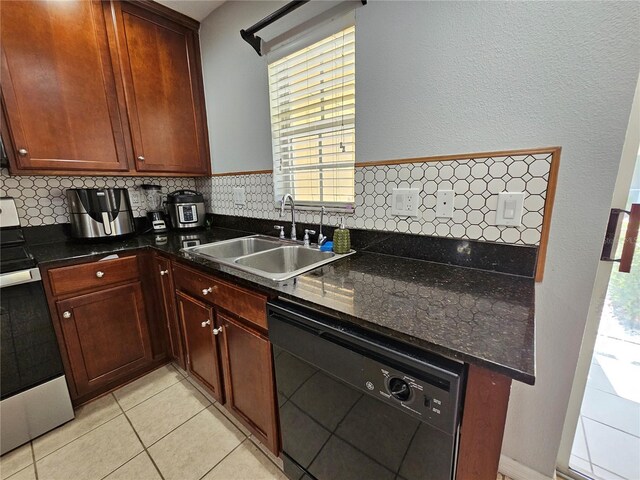 kitchen with tasteful backsplash, electric stove, black dishwasher, light tile floors, and sink